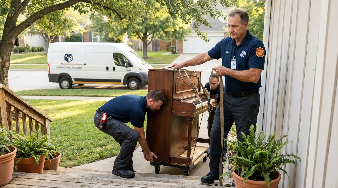 Licensed piano movers securing grand piano in Epping, NH