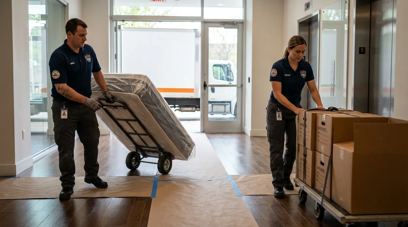 Professional apartment movers loading elevator in Epping, NH